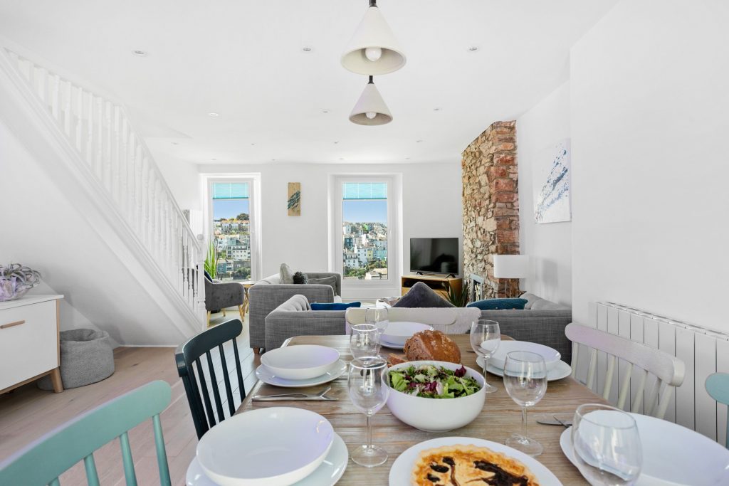 Sunny breakfasts in our open plan living area in the Captains Cottage Brixham